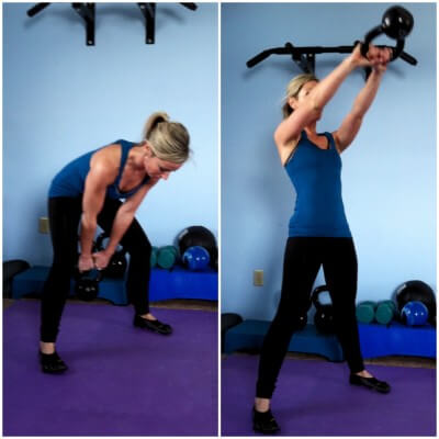 SWINGSGrab a kettlebell or dumbbell and stand with your feet wide. Squat down and swing the kettlebell down in between your legs. Immediately stand up and swing the kettlebell to shoulder height. Swing back down in between your legs.
