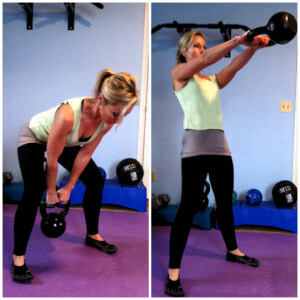 KETTLEBELL SWINGS
Bend at your hips and knees and swing a kettlebell or dumbbell in between your legs. Keeping your arms straight, thrust your hips forwards, straighten your knees, and swing the weight up to chest level as you rise to stand. Now squat back down as you swing the dumbbell between your legs again.