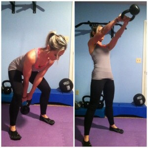 KETTLEBELL SWINGS
Holding the kettlebell with both hands by the handle, push your hips back and swing the kettlebell in between your legs. Keeping your arms straight, thrust your hips forward, straighten your knees and swing the kettlebell up to chest level as you rise to standing position. Now squat back down as you swing the dumbell between your legs again. Swing the weight back and forth forecefully. Your feet should be wider than shoulder width apart.
