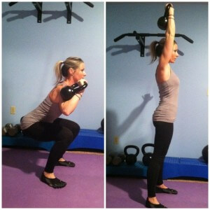 SINGLE ARM SQUAT AND PRESS
Holding the kettlebell handle with your right hand, get into a squat position. Make sure to keep your weight in your heels and keep your torso upright and stick your chest out. Your thighs should be parallel to the floor. Keep your right elbow close to your side and the kettlebell should be by your right shoulder. You can hold your left arm out for balance, if necessary. Push yourself to a standing postion and at the same time press the kettlebell towards the ceiling. That's on rep.