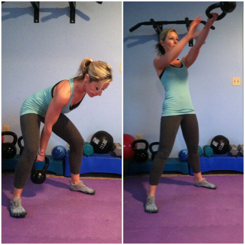 SINGLE ARM KETTLEBELL SWINGSGrab a kettlebell with your right hand and swing it in between your legs. Do not round your lower back. As you swing the weight back up to your chest, switch arms mid air. Your left hand should now be swinging the kettlebell in between your legs. Swing it back up and switch arms. Keep alternating back and forth between arms.