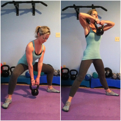 SUMO SQUAT TO UPRIGHT ROWGrab a kettlebell and position your feet with your toes pointed out to the sides and feet very wide apart. Squat down until your thighs are parallel to the floor. Immediately stand back up as you lift the kettlebell to your chest. Repeat for the prescribed reps.
