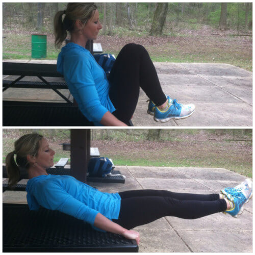 KNEES TO CHEST AB EXERCISE Start by sitting on the edge of a picnic table with your knees up to your chest. Stretch your legs out as you lean back to a 45 degree angle. Repeat. Complete 30 reps.