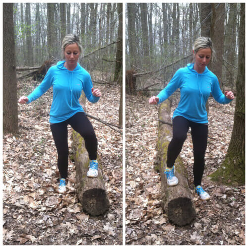SIDE TO SIDE JUMPS Find a log and stand with your feet in between the log. Place your right foot on top of the log. Jump up and switch feet as quickly as you can. Repeat for 1 full minute.