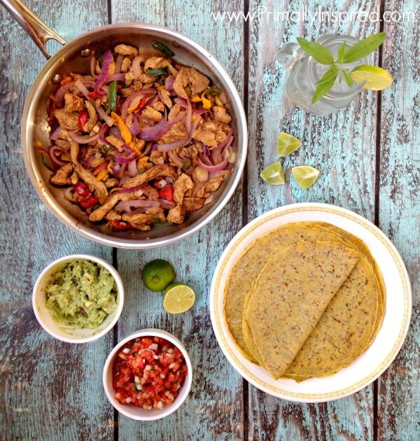 Easy Skillet Chicken Fajitas from Primally Inspired (with grain free tortillas!!)