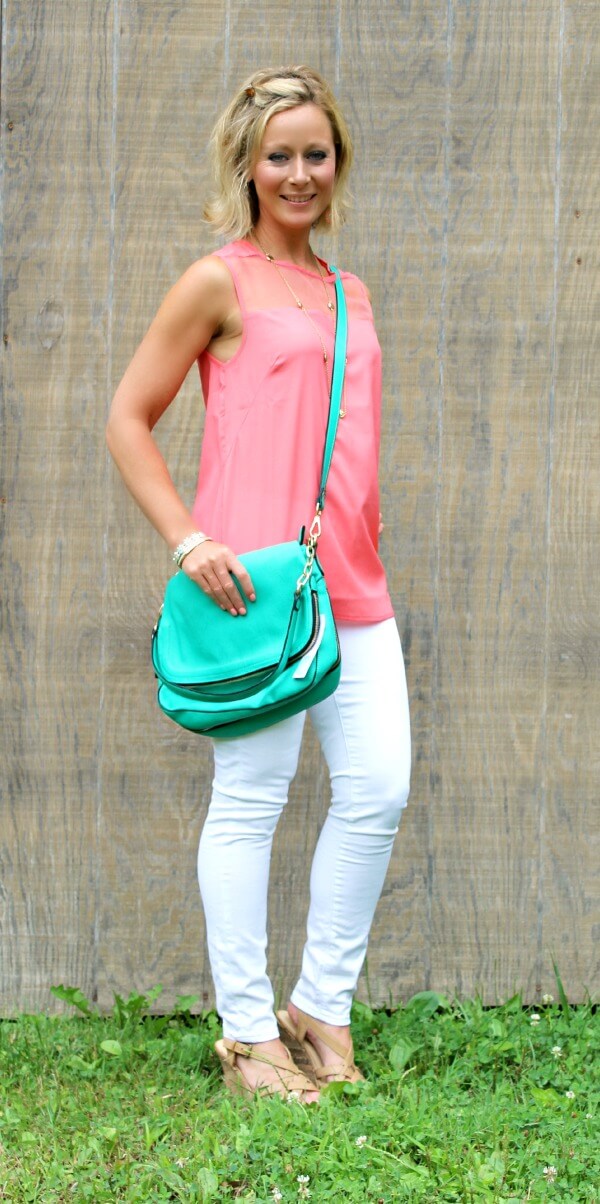 August Stitch Fix Review Coral Top White Jeans Teal Crossbody Bag