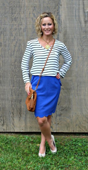 October Stitch Fix Review from Primally Inspired  Fun2Fun Sheridan Striped V-Neck Tab Sleeve Blouse with Brixon Ivy Heidi Scallop Hem Pencil Skirt and Emperia Kacie Half Flap Crossbody Bag