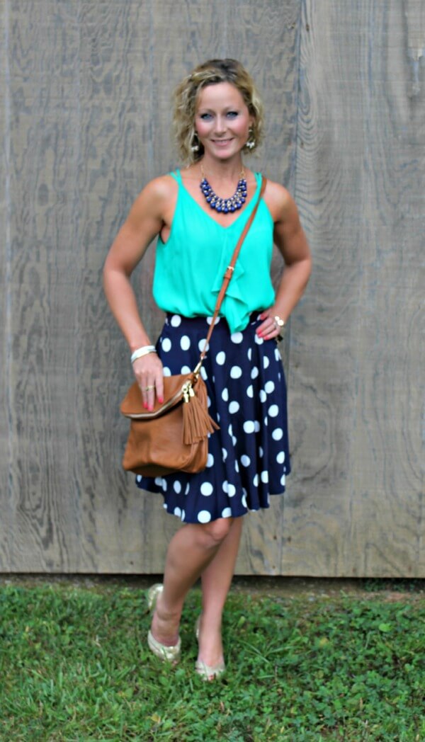 October Stitch Fix Review from Primally Inspired - Pixley Hanneli Polka Dot Swing Skirt with Skies are Blue Smith Ruffle Front Blouse and Emperia Kacie Half Flap Crossbody Bag