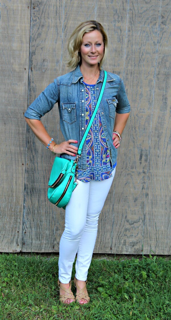 September Stitch Fix Review from Primally Inspired  Tucker Mixed Print Split Back Tank with White Mavi Skinny Denim and Urban Expressions Crossbody Bag