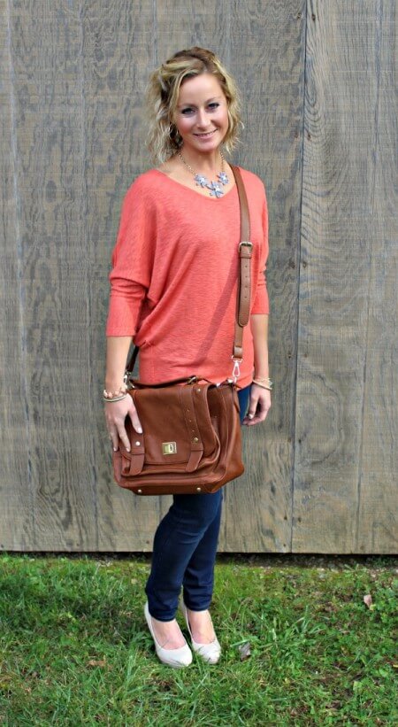 November Stitch Fix Review from Primally Inspired Laila Jayde Bowie Solid Dolman Sleeve Top in Coral with Mavi Freida Ankle Length Skinny Jeans and Emperia Clarita Messenger Bag