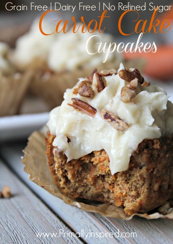 Paleo Carrot Cake Cupcakes using Coconut flour from Primally Inspired (Grain Free, Dairy Free, Nut Free, Refined Sugar Free)
