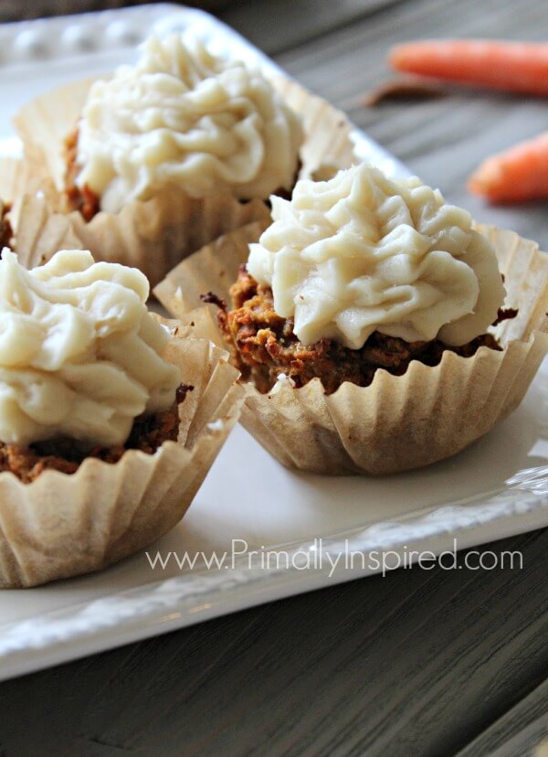Deliciously easy Paleo Carrot Cake Cupcakes using Coconut flour! Grain Free, Dairy Free, Nut Free, and Refined Sugar Free.