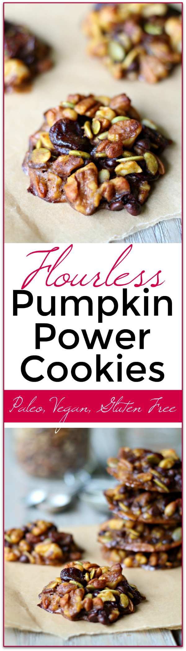We love these flourless Pumpkin Power Cookies! Jam packed with nutrition and something my whole family likes! Makes a great grab and go healthy snack. Paleo, Gluten Free and Vegan.