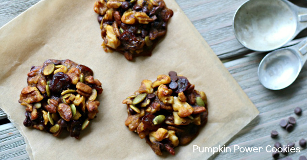 We love these flourless Pumpkin Power Cookies! Jam packed with nutrition and something my whole family likes! Makes a great grab and go healthy snack. Paleo, Gluten Free and Vegan.