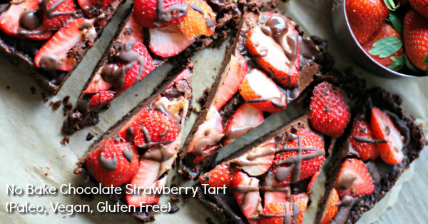 No Bake Chocolate Strawberry Tart. Easy to make and so decadent and delicious - perfect for chocolate lovers! Vegan, Gluten Free and Paleo Friendly recipe.