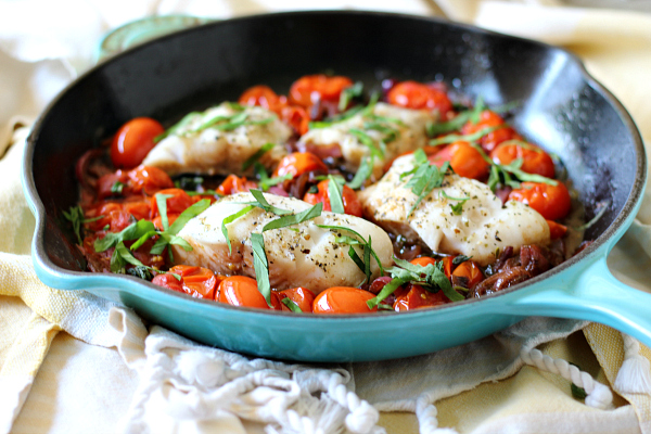 Weeknight Skillet Cod with Fresh Tomatoes and Basil Keto, Paleo, Whole30.