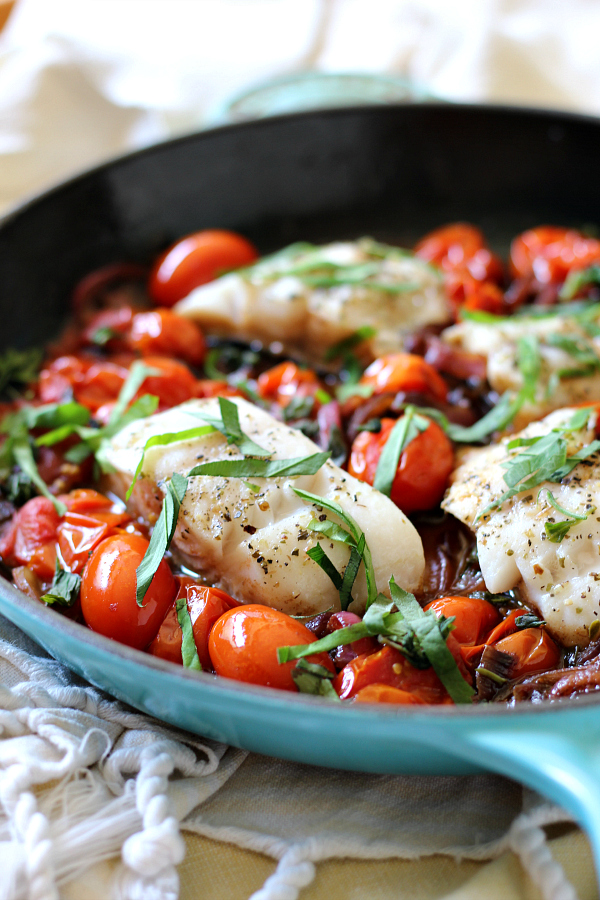 Weeknight Skillet Cod with Fresh Tomatoes and Basil Keto, Paleo, Whole30.