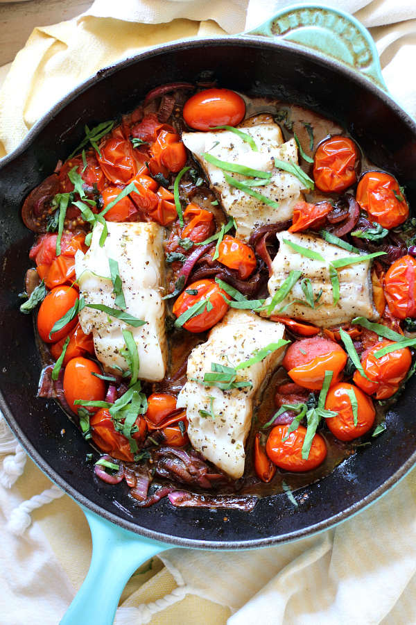 Weeknight Skillet Cod with Fresh Tomatoes and Basil Keto, Paleo, Whole30.